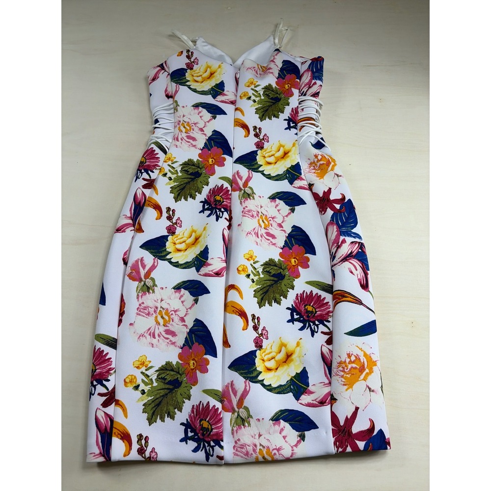 Guess Los Angeles Floral Bodycon Dress White Multi Strap Cage Waist Small - Picture 7 of 8